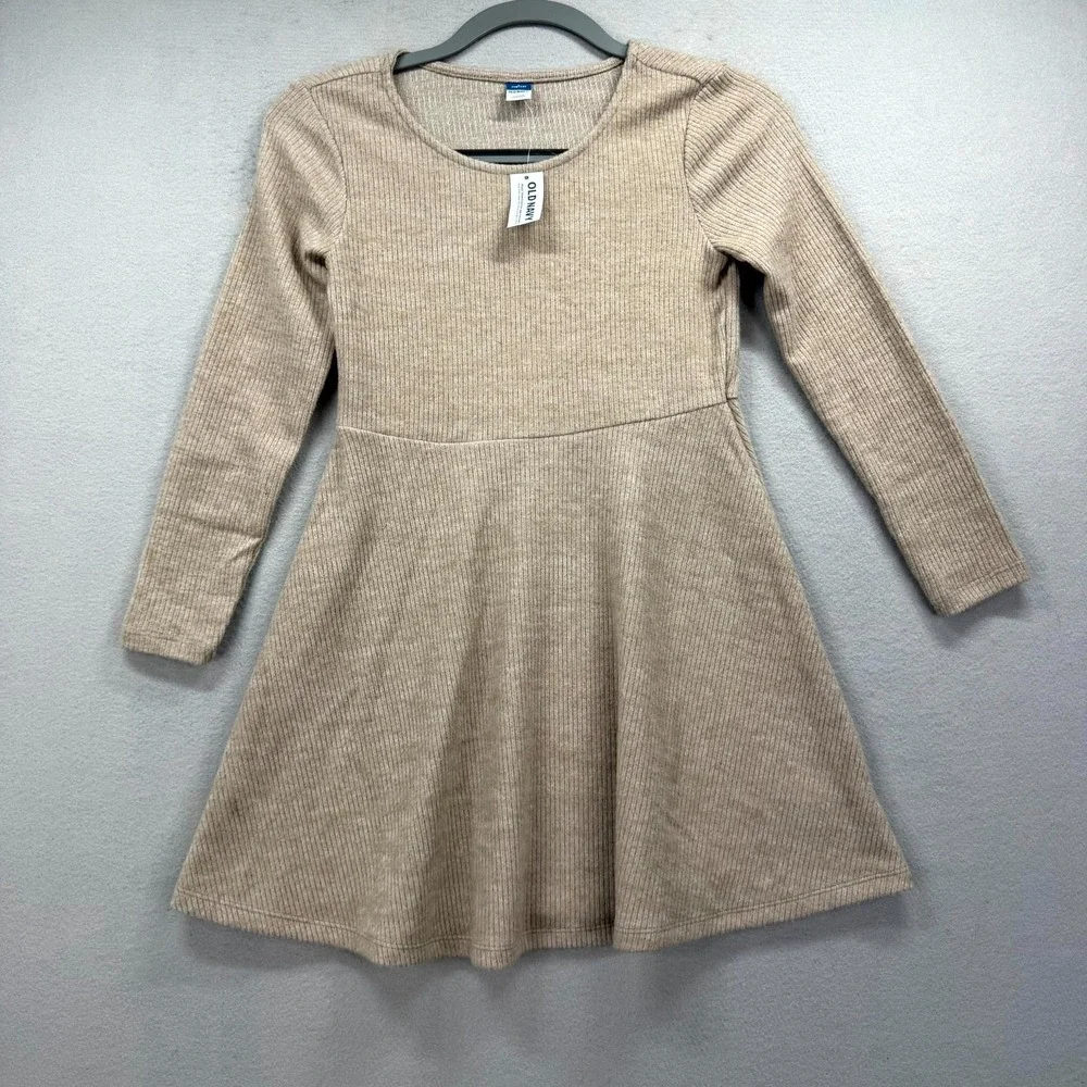 Old Navy Ribbed Fit & Flare Dress‎ Girls 10 Large Tan Long Sleeve Round Neck NEW